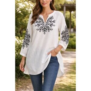 Talbots Women  Embroidered Plus Tunic Top‎ Linen Blend V-Neck 3XL Festival